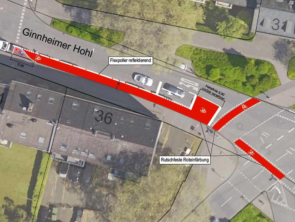 So soll es bald auf der Ginnheimer Seite der Kreuzung aussehen – Größere Aufstellfläche, Parkplätze im rechten Seitenraum weg, Radstreifen geschützt. Auch auf der gegenüberliegenden Seite an der Raimundstraße wird die Radverkehrsführung sichtbarer und dadurch sicherer gemacht. (Grafik Stadt Frankfurt)