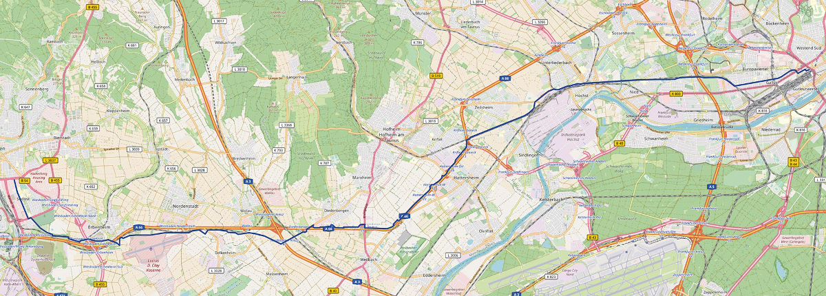 Vom ADFC bevorzugte Streckenführung eines Radschnellwegs zwischen Wiesbaden und FrankfurtQuelle: OpenStreetMap Mitwirkende