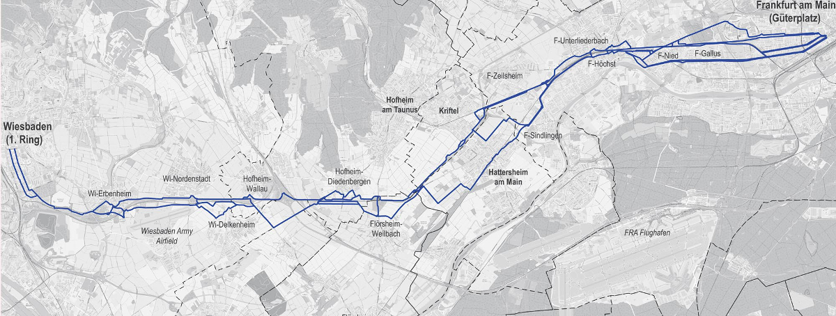 Identifizierte Streckenvarianten für den Verlauf eines Radschnellwegs zwischen Wiesbaden und Frankfurt  Quelle: Planungsvarianten nach  https://www.machbarkeitsstudie-frm3-de/stand-der-Planung