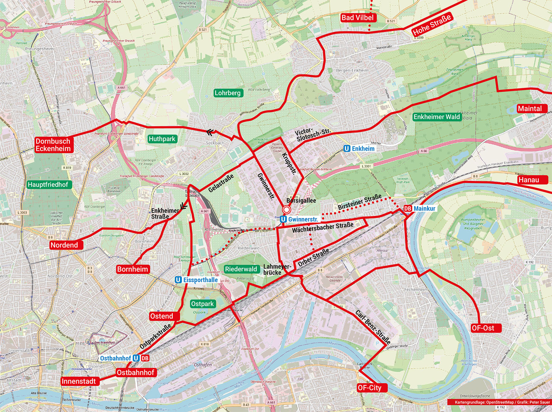 Radwegebeziehungen zum Gewerbegebiet Fechenheim-Nord/Seckbach
Kartengrundlage: OpenStreetMap / Grafik: Peter Sauer, ADFC Frankfurt