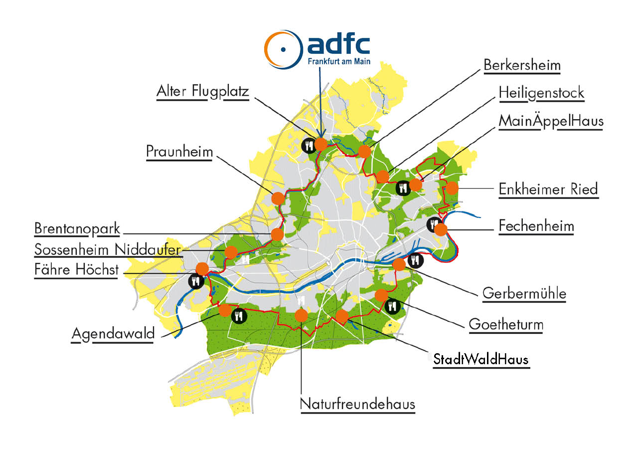 GrünGürgel-Radweg mit den Stempelstationen.Der ADFC Frankfurt betreibt die Stempelstation Alten Flugplatz mit Infostand, Verkehrsquiz und Fahrrad-Codierung