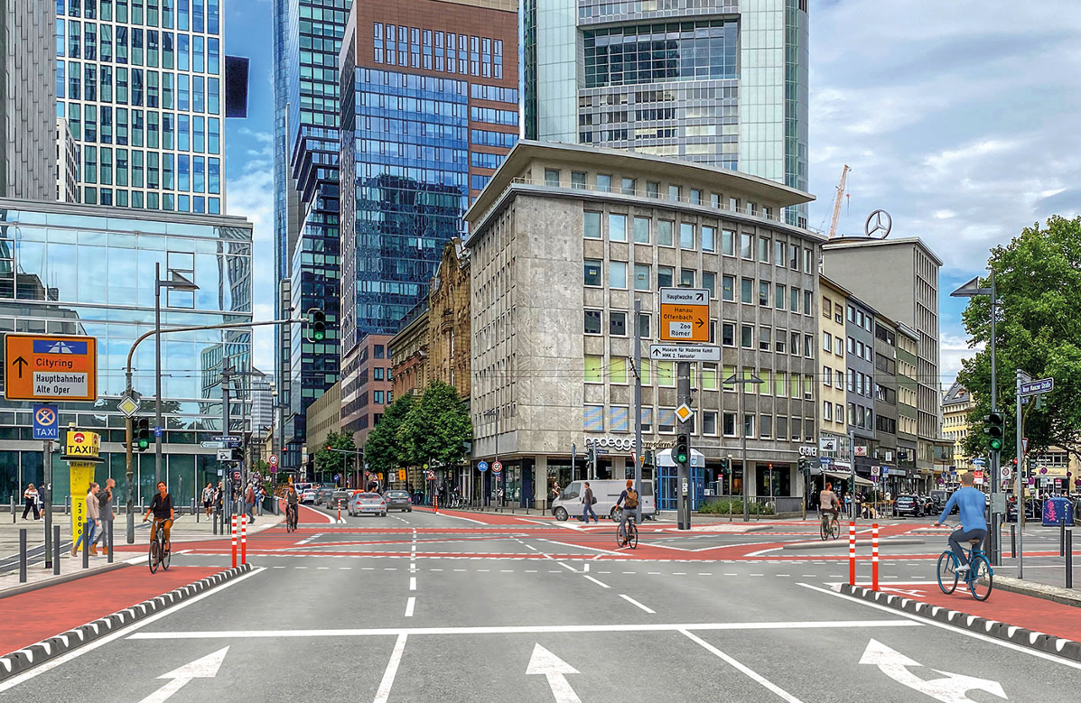 Die Neue Mainzer Straße als Cityring kreuzt am Willy-Brandt-Platz Weißfrauenstraße und Friedensstraße sowie den Trambahnverkehr zwischen Hauptbahnhof und Altstadt. Eine Herausforderung für (nicht nur) Radverkehrsplaner:innen<br><span class="image-copyright">Visualisierung: Stadt Frankfurt am Main (4)</span>