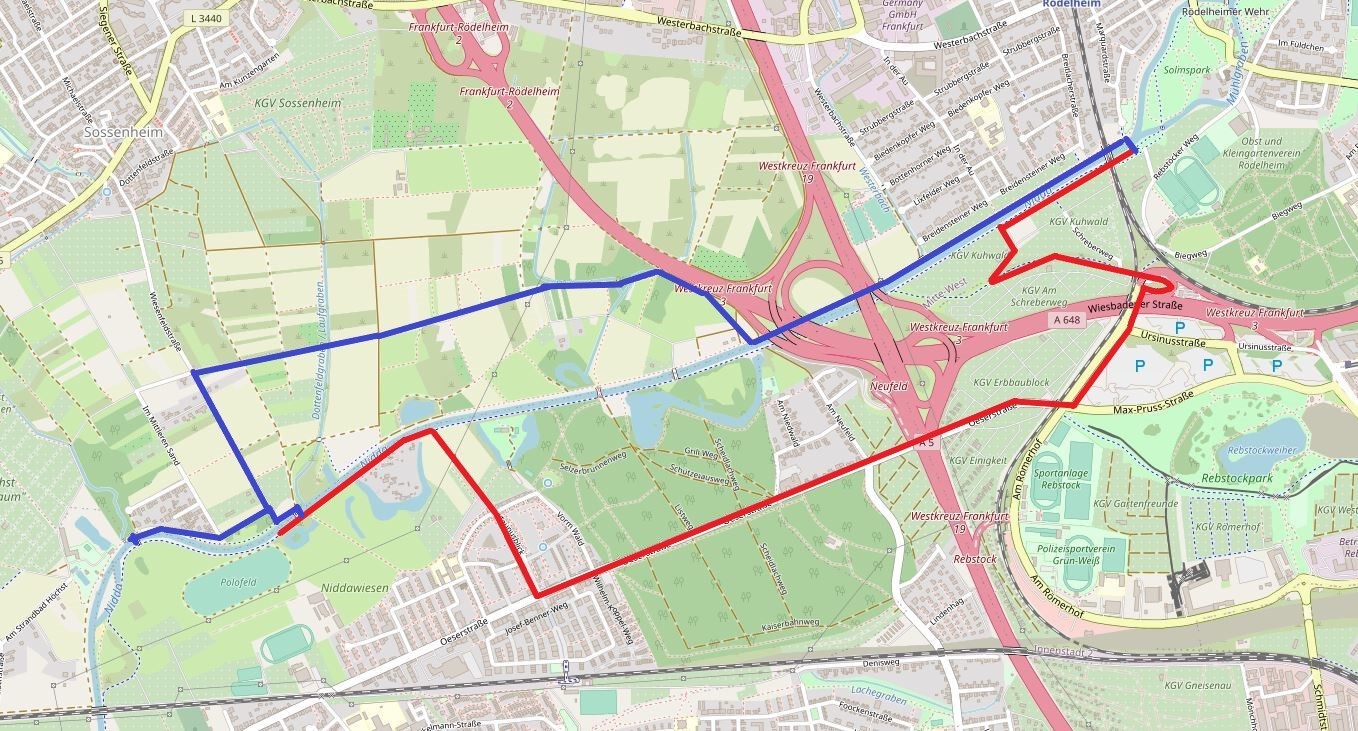 Beide Umleitungsstrecken sind vor Ort ausgeschildert 
Quelle: Stadt Frankfurt, Karte mit Daten von OpenStreetMap