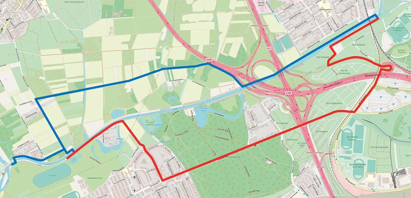 Die beiden Umleitungstrecken, die vor Ort zusätzlich ausgeschildert sind<br><span class="image-copyright">Quelle: Stadt Frankfurt, Karte mit Daten von OpenStreetMap</span>