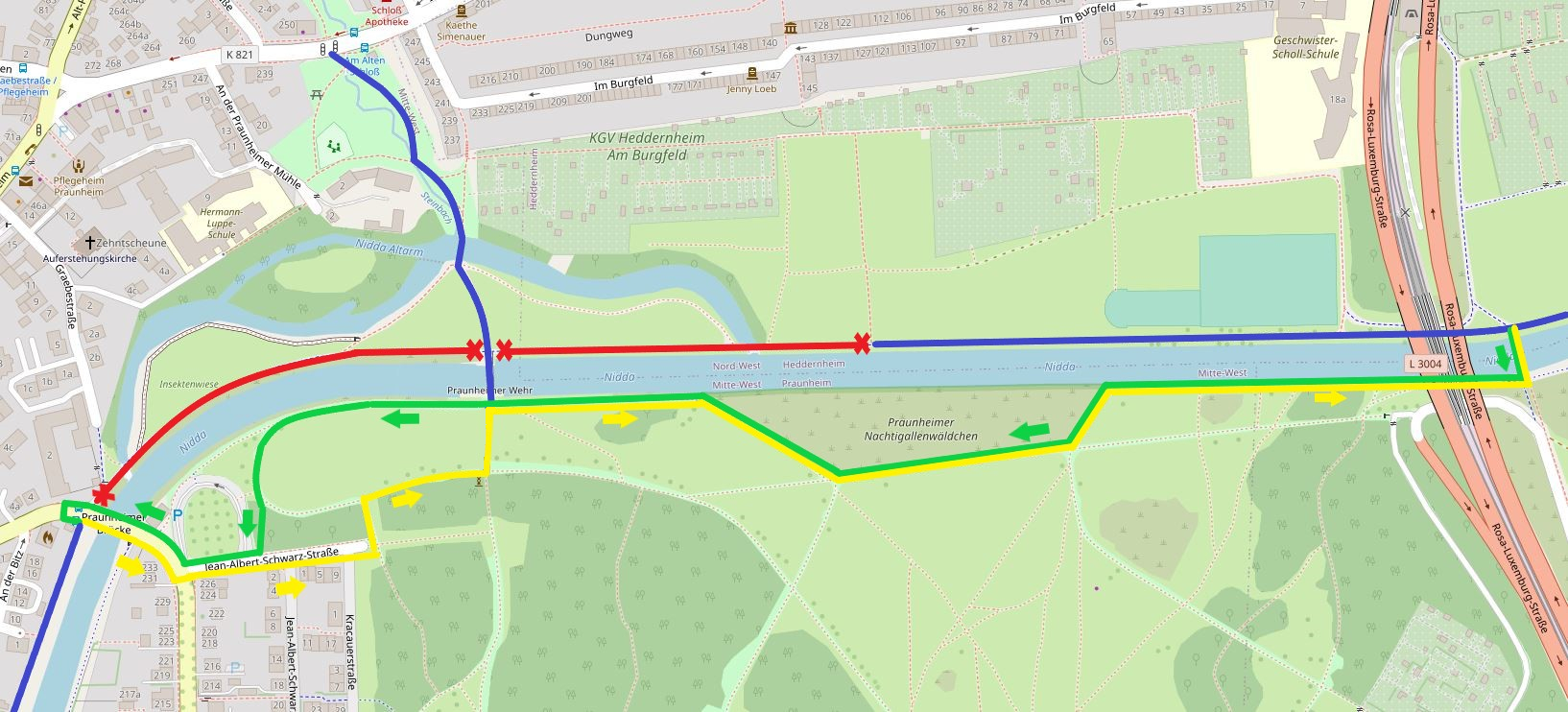 Umleitungsplan der Nidda-Sperrung am Praunheimer Wehr bis August 2024Bildquelle: Radfahrbüro Frankfurt, Kartenbasis: openstreetmap.org