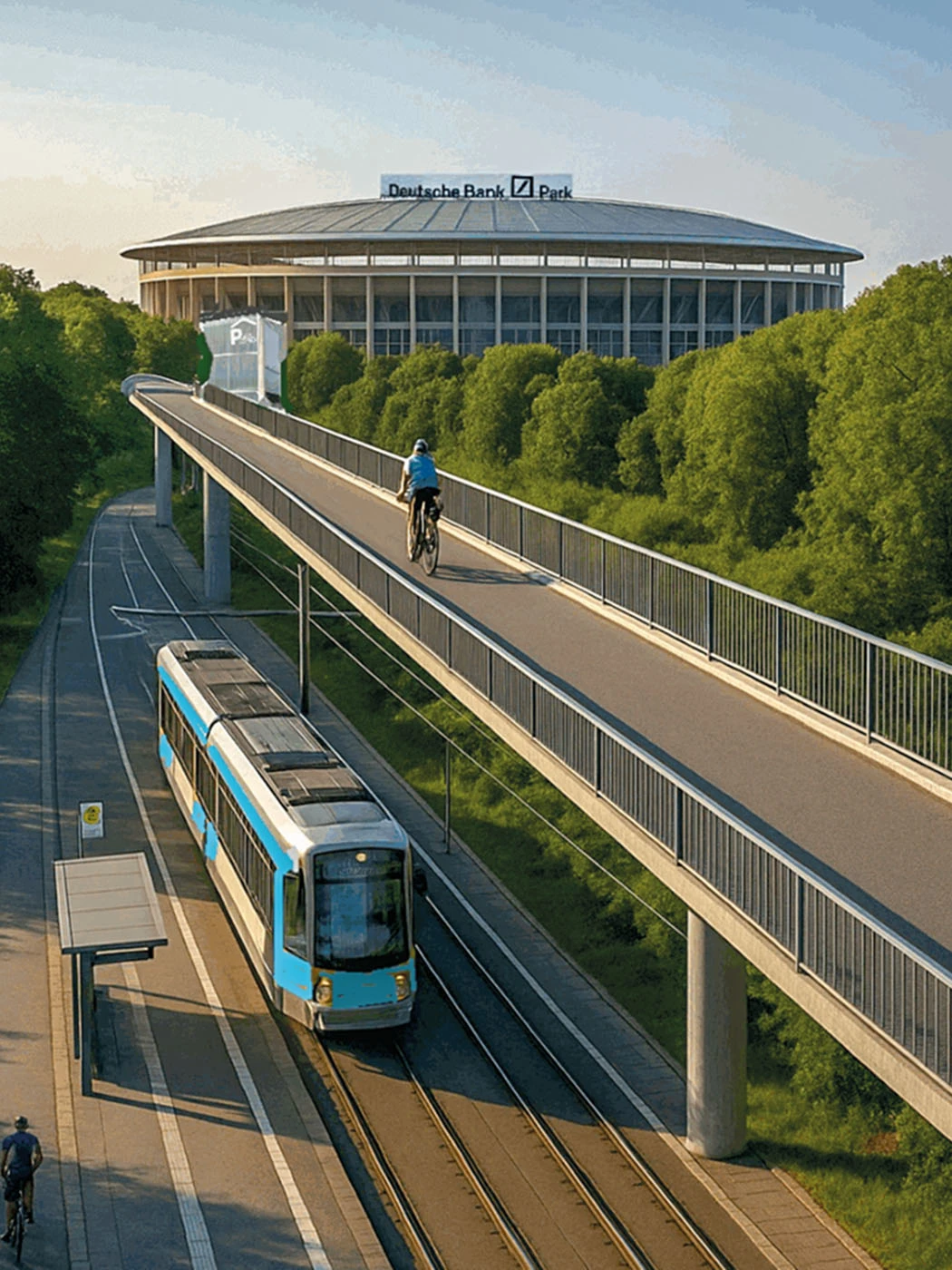 Ein Fahrrradfahrer fährt über eine Brücke, darunter verlaufen Bahnschienen, auf denen eine Bahn fährt