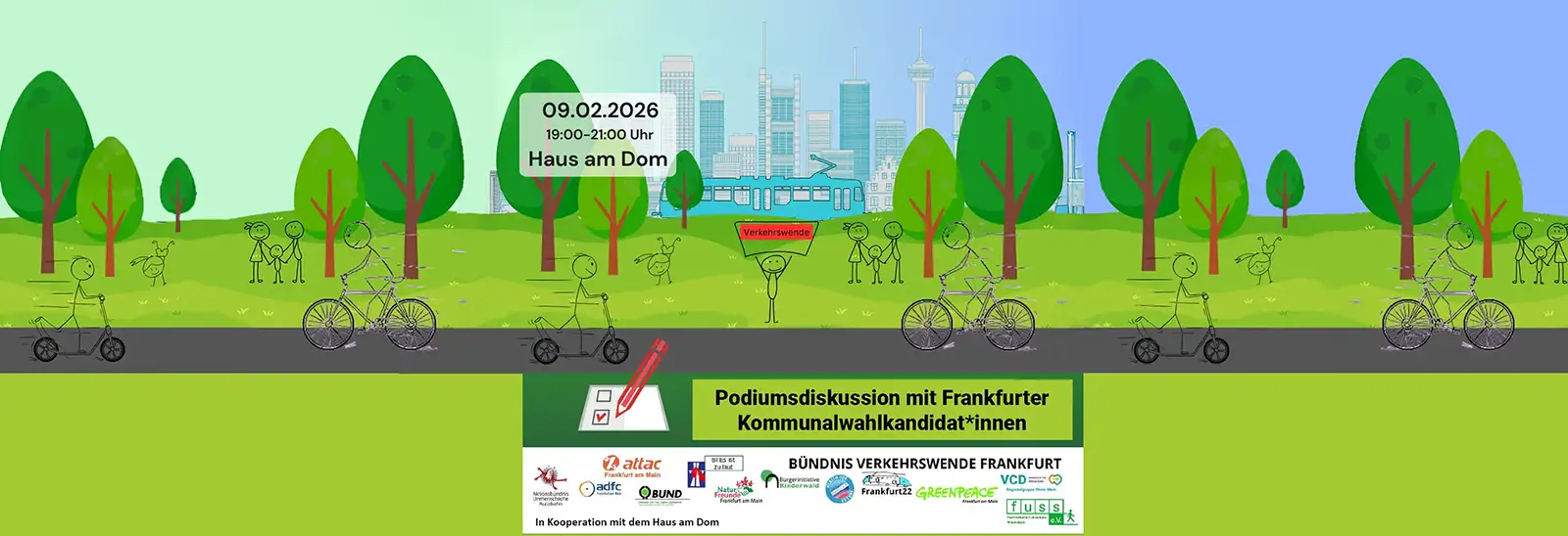 Sharepic zur Podiumsdiskussion der Verkehrswende Frankfurt zur Kommunalwahl 2026