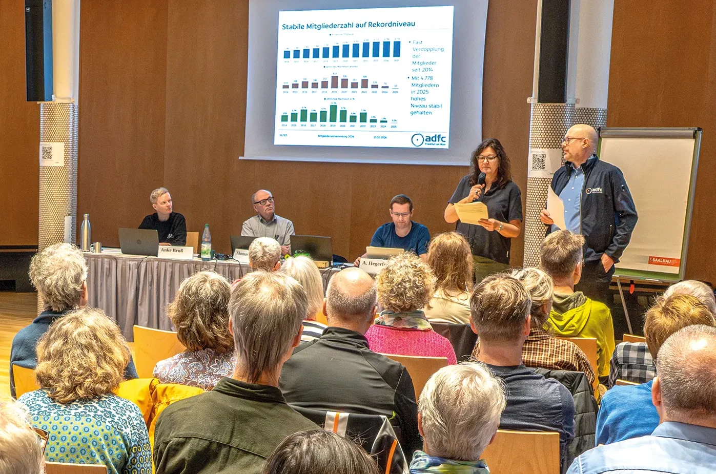 Uta Fitzen und Michael Genthner berichten im voll besetzten Saalbau über die Vorstandsarbeit im ADFC Frankfurt<br><span class="image-copyright">Eckehard Wolf (3)</span>