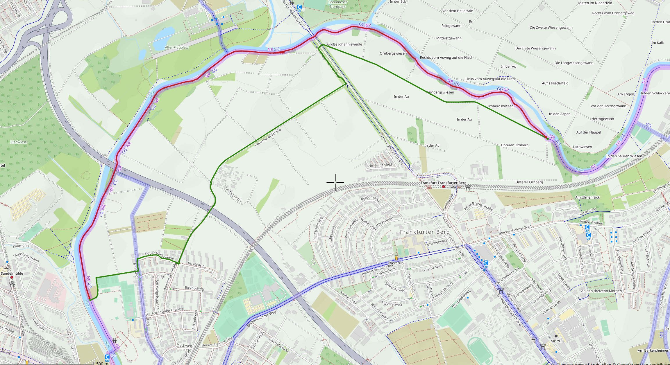 Umleitung Nidda Eschersheim-Bonames: Karte Umleitung des Nidda-Uferwegs zwischen Eschersheim und Bonames: Karte der Umleitung